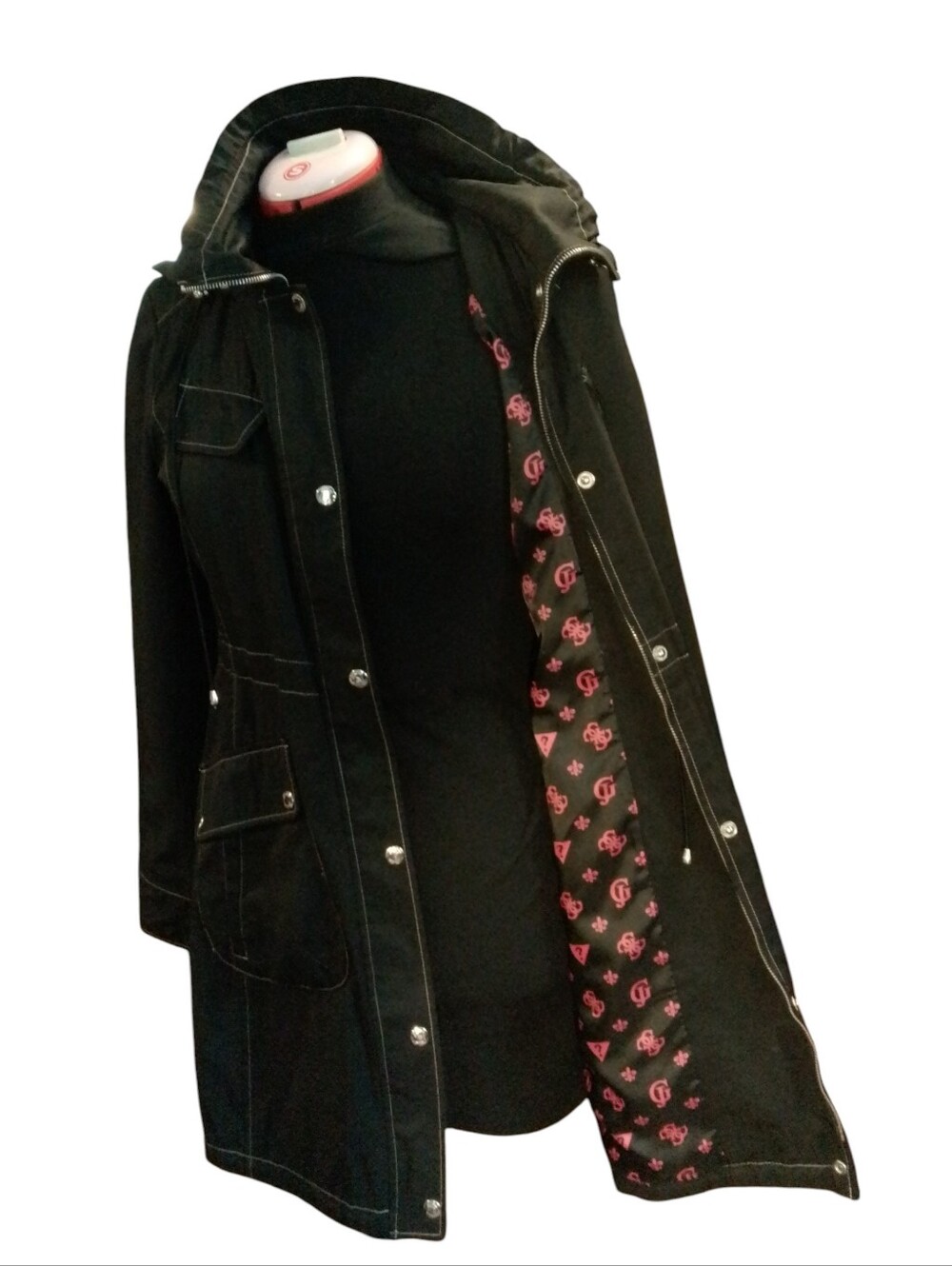 Guess Women’s Black Utility Trench Coat Jacket with Monogram Lining - Picture 7 of 9